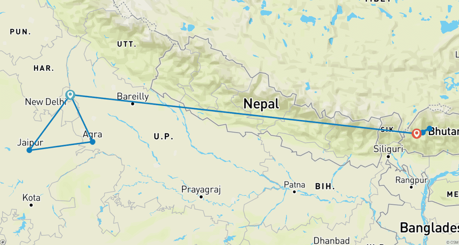 Explore Bhutan with India Golden Triangle Tour - 12 Daysのルートマップ