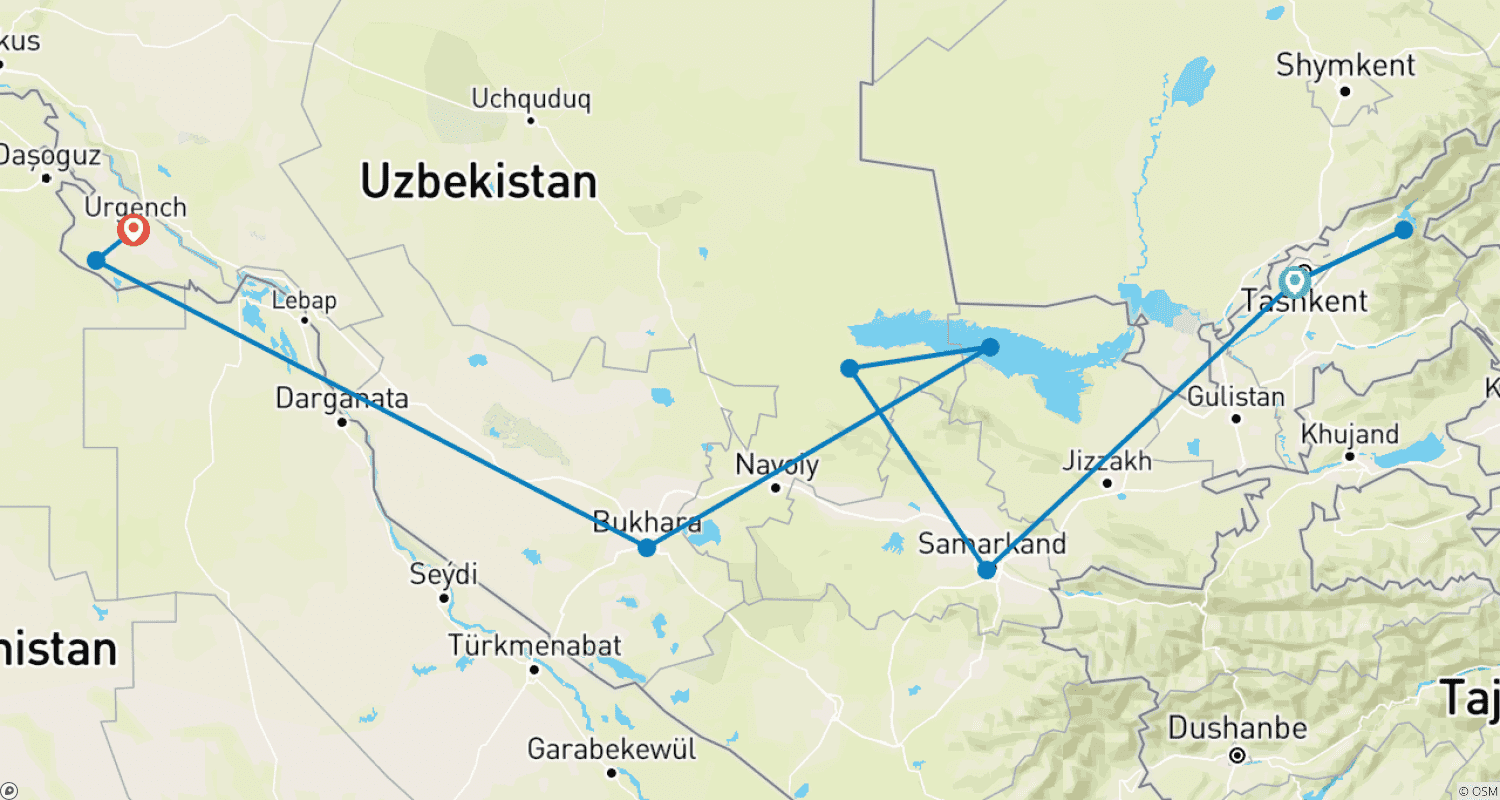 Mapa trasy: Poznaj najważniejsze atrakcje Uzbekistanu (12 dni)