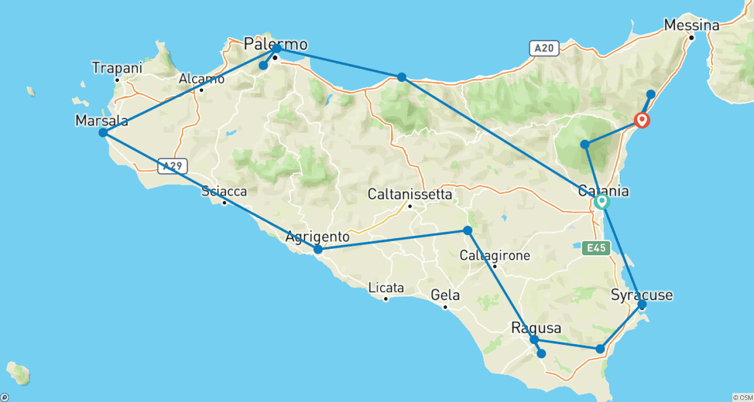 シチリアの最高を巡る旅のルートマップ