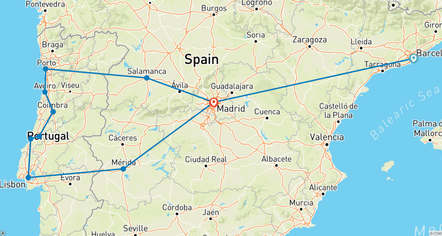 スペインとポルトガルの最高を巡る旅(少人数グループツアー)のルートマップ