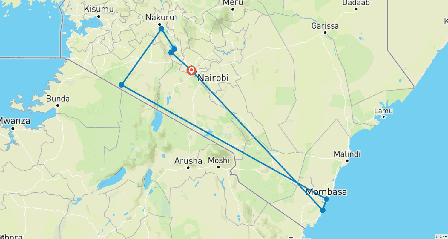 Mapa trasy: 8-dniowe safari po dzikiej Kenii (w tym Maasai Mara) i przedłużenie wakacji na plaży w Mombasie