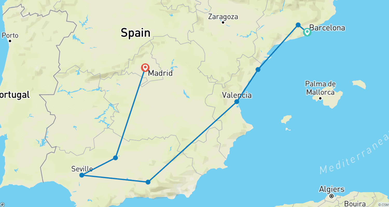 Mapa do percurso de Destaques da Espanha (Pequenos Grupos, Inverno)