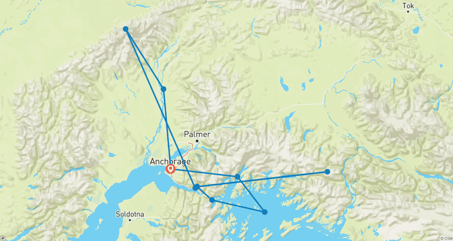 Mapa do percurso de Jóias do Alasca (Pequenos Grupos)