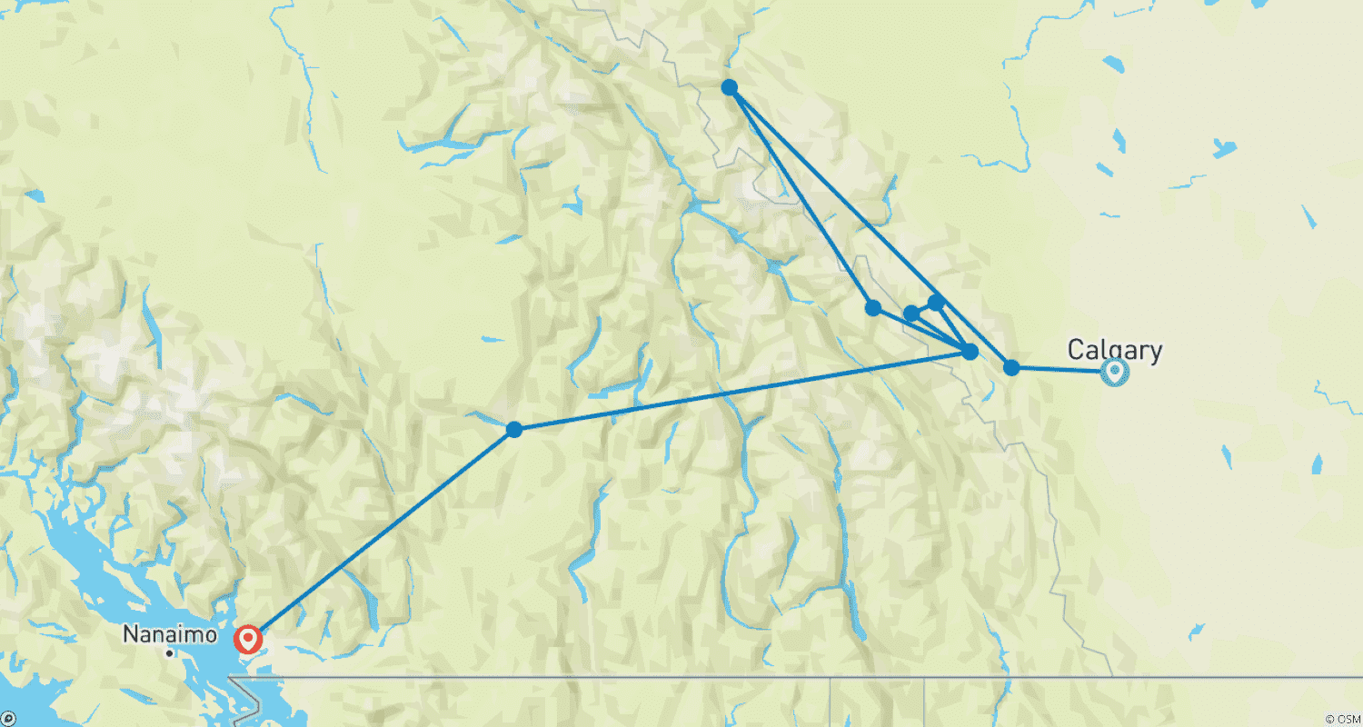 Mapa do percurso de Espetaculares Rochosas e Glaciares de Alberta (Pequenos Grupos, 9 Dias) (incluindo o Parque Nacional Yoho)