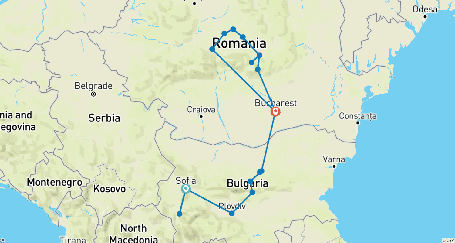 Mapa trasy: Uroki Europy Wschodniej: Urzekające Bałkany i Transylwania - GWARANTOWANE WYJAZDY