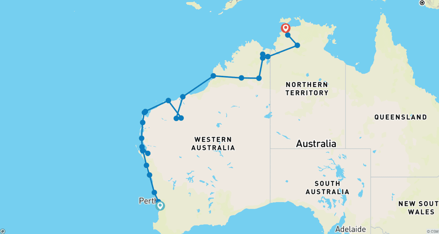 Mapa do percurso de Maravilhas da Costa Oeste e Kimberley (21 Dias)