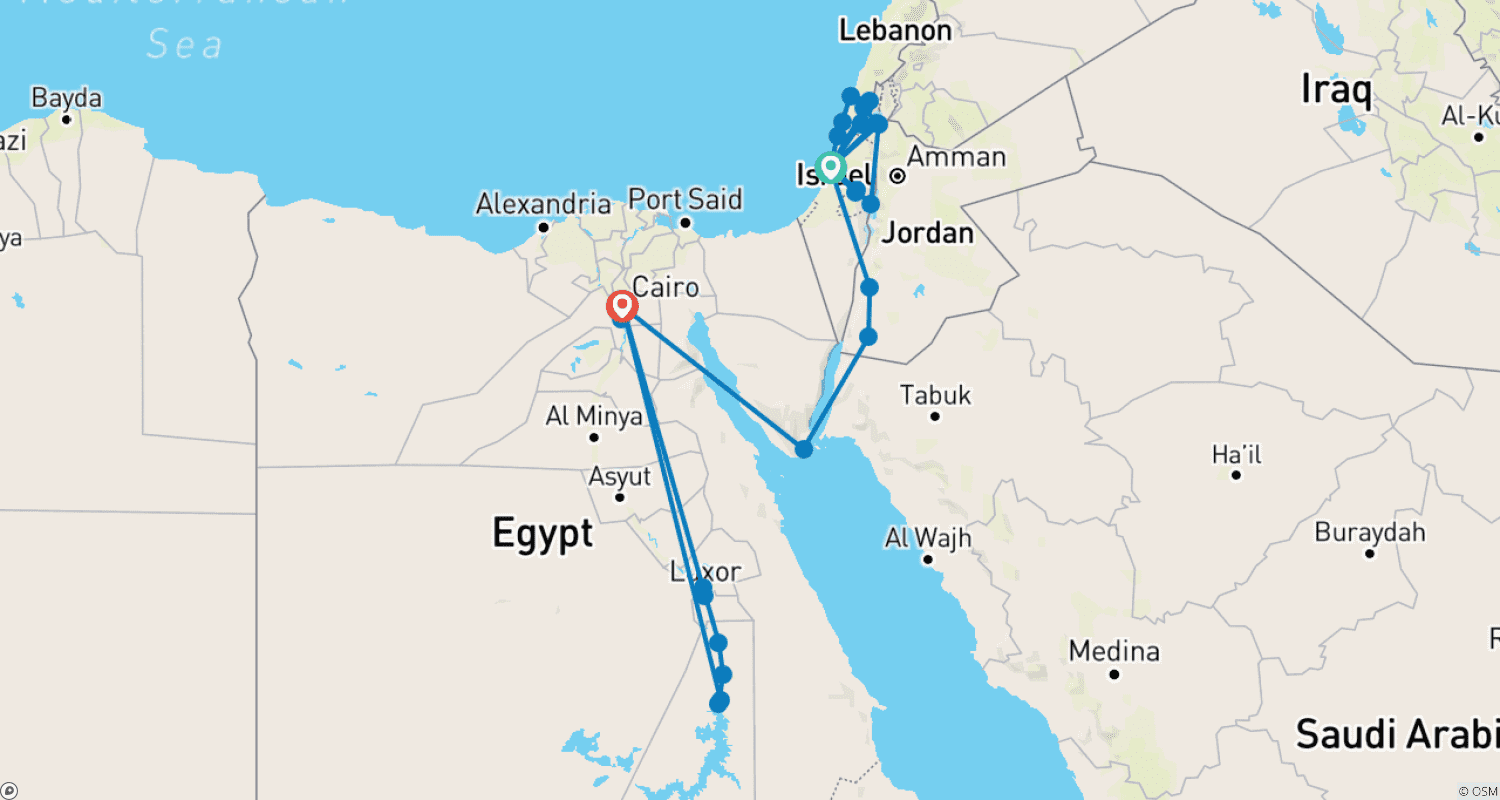 Mapa do percurso de Israel, Jordânia e Egito Luxo 13 dias com Cruzeiro no Nilo (Individual, Hotel 3*)