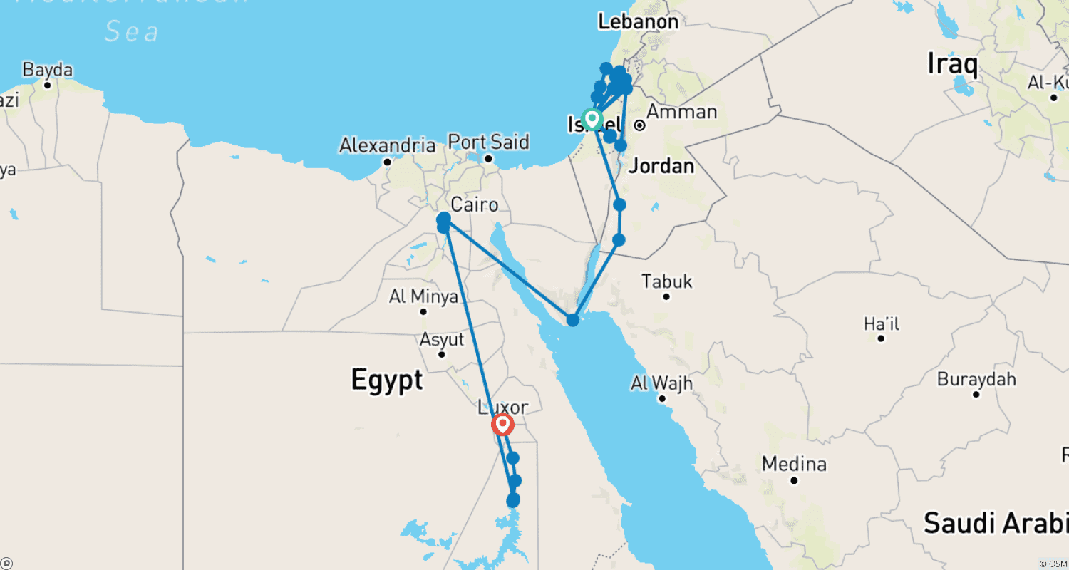 خريطة مسار إسرائيل والأردن ومصر الفاخرة 13 يومًا مع رحلة بحرية في النيل (فردي، فندق 4 نجوم)
