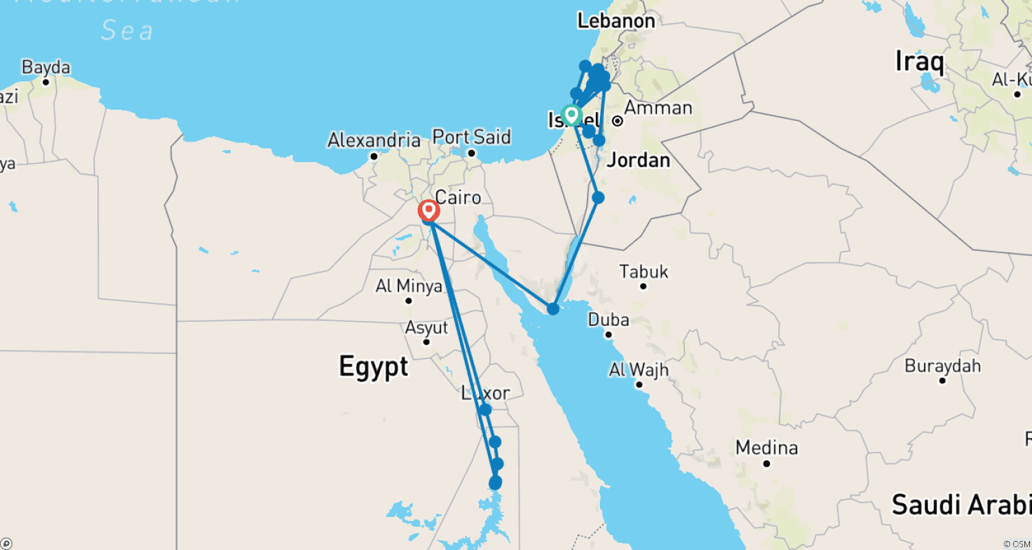 Israel, Jordan and Egypt Luxury 13 days with Nile Cruise (2+Travelers, 4* Hotel)のルートマップ