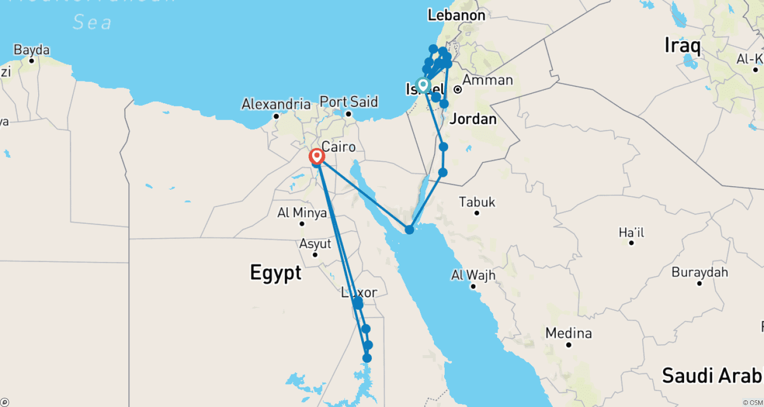Mapa do percurso de Israel, Jordânia e Egito: Luxo 13 dias com Cruzeiro no Nilo (2+ Viajantes, Hotel 3*)