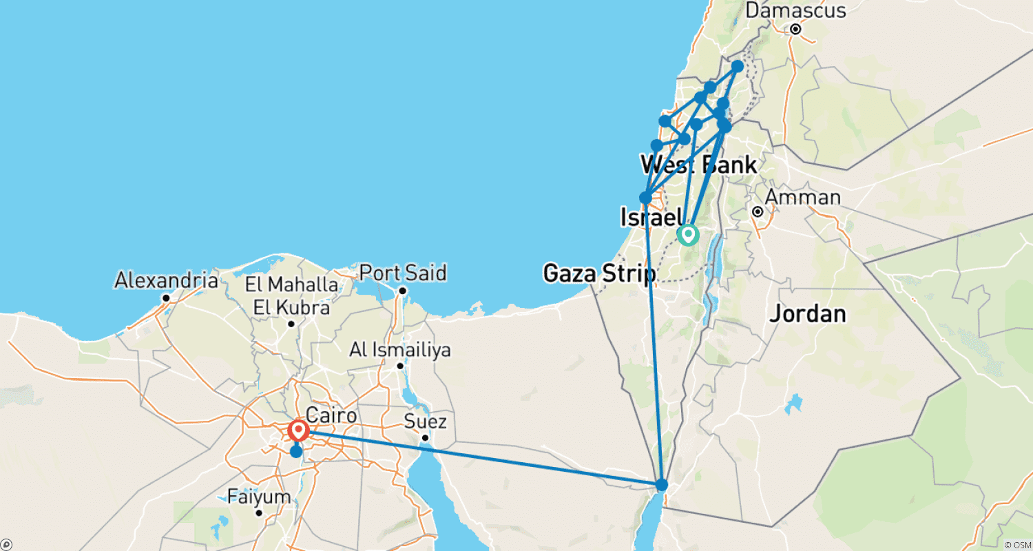 Mapa do percurso de Israel e Egito em 10 dias (Quarto Individual, Hotel 4*)