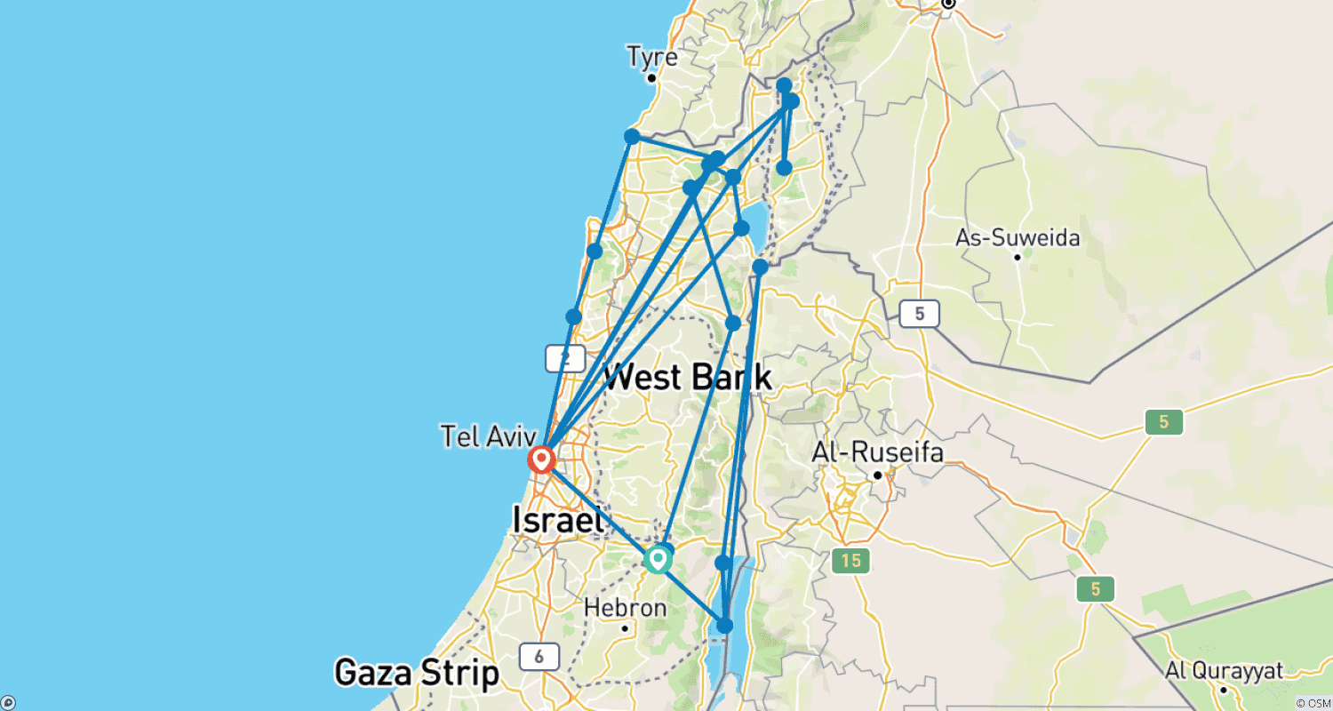 Mapa do percurso de Tour de Luxo Judeu em Israel 10 dias (2+ Viajantes, Hotéis 5*)
