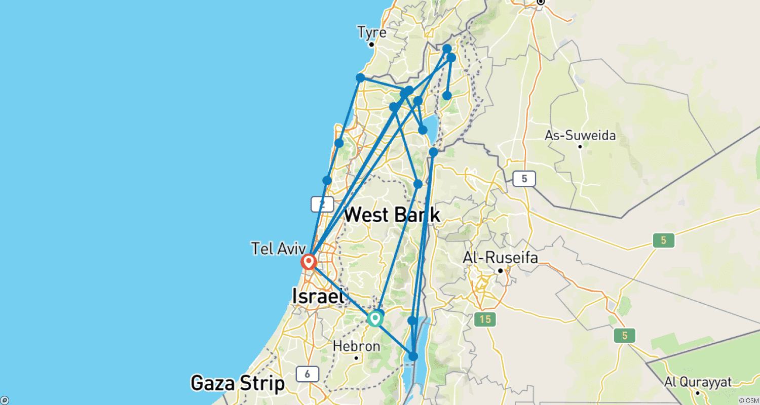 Mapa do percurso de Luxuosa Viagem Judaica a Israel de 10 Dias (Individual, Hotel 5 Estrelas)
