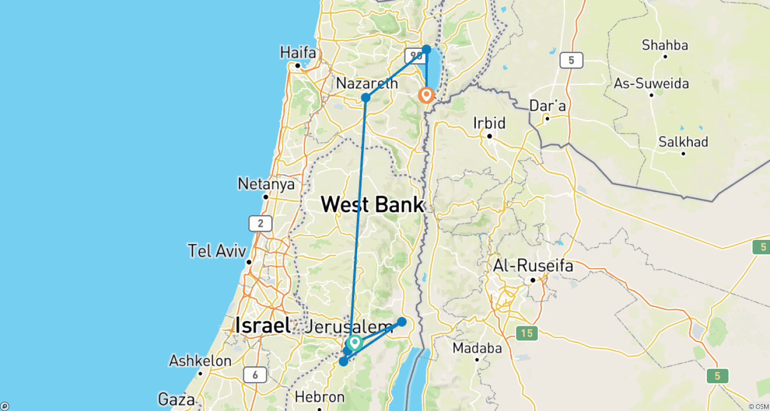Mapa do percurso de Israel Cristão em 4 dias (Individual, Hotel 3*)
