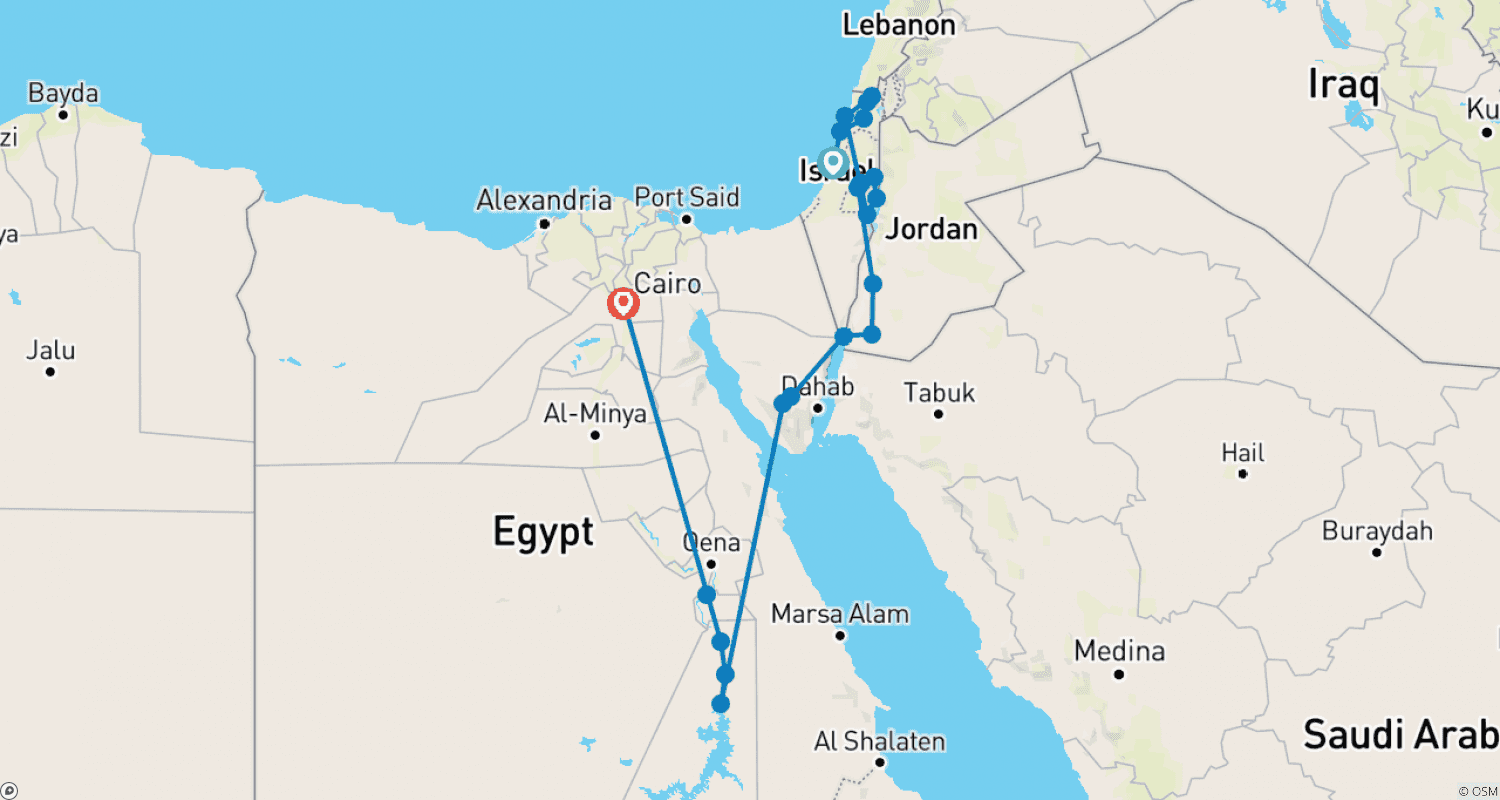 خريطة مسار جولة شاملة في إسرائيل والأردن ومصر لمدة 20 يومًا (مسافران فأكثر، فندق 3 نجوم)