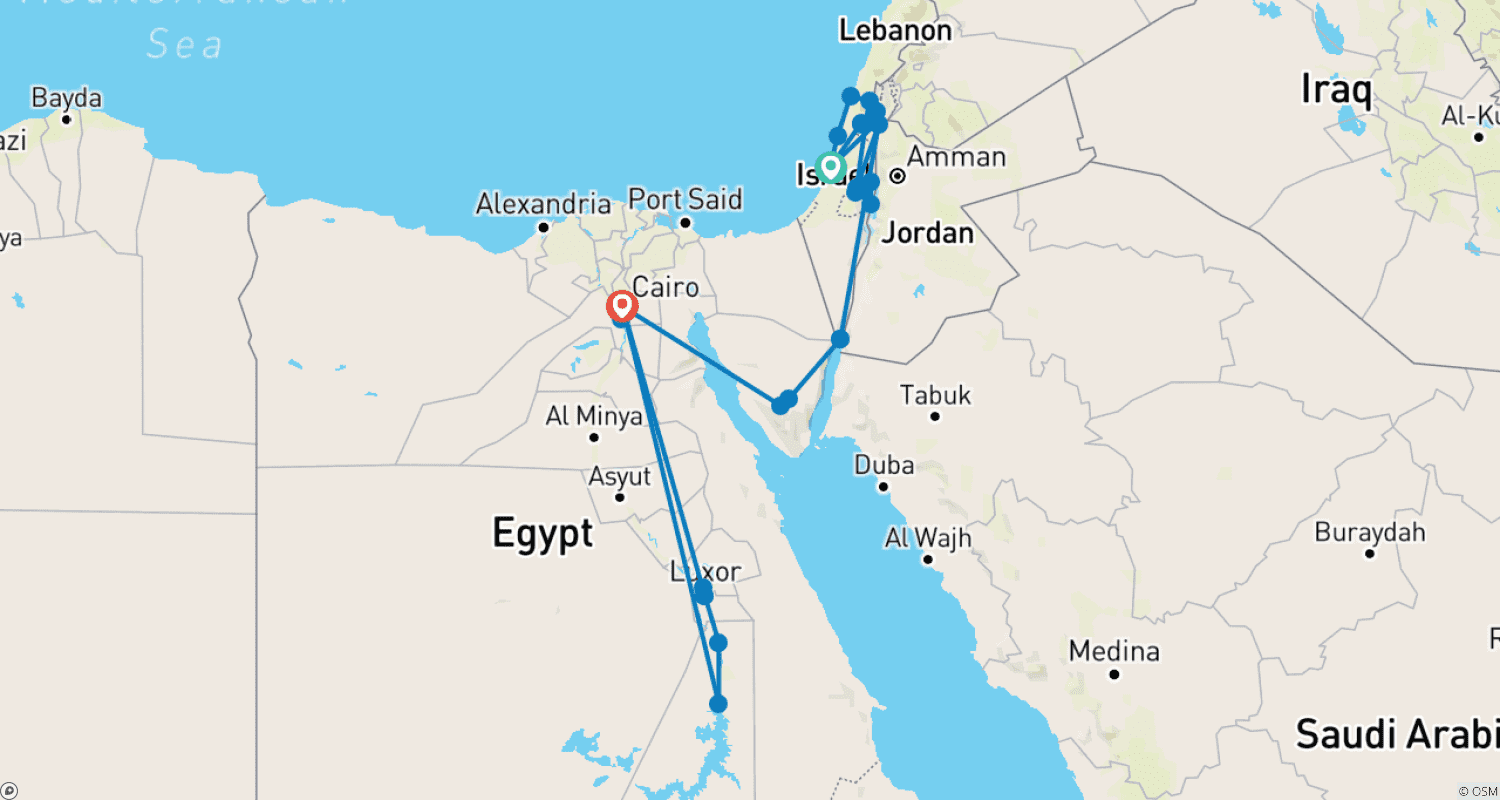 Mapa do percurso de Excursão mediterrânea a Israel, Jordânia e Egito 17 dias (2+ Viajantes, Hotel 3*)
