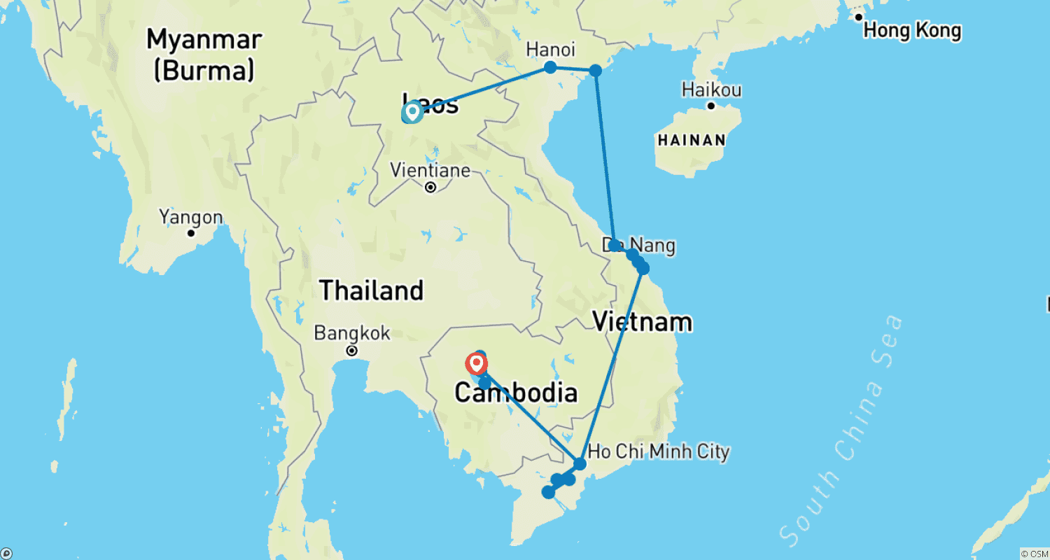 Mapa trasy: Vietnam - Laos - Cambodia Trip with short Mekong cruise 21 Days