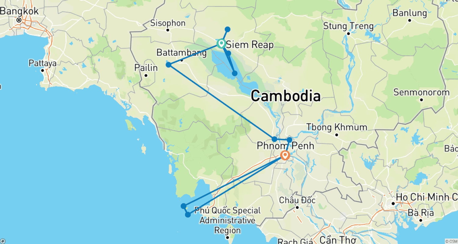 「古代、植民地時代、現代」- カンボジアの波乱に満ちた歴史 (航空券込み)のルートマップ