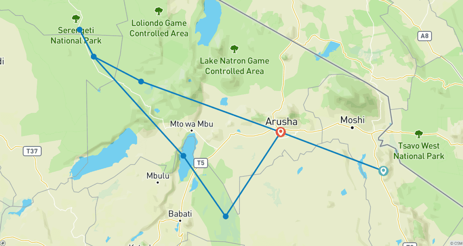 Mapa do percurso de 11 Dias no Serengeti e Além: Um Safari de Jipe 4x4 na Tanzânia