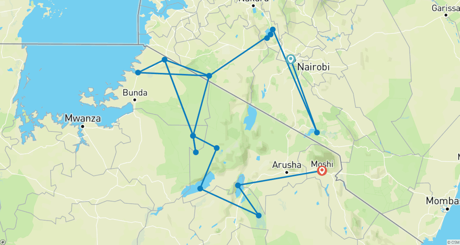 ケニア＆タンザニア（アンボセリ、マサイマラ、セレンゲティ、ンゴロンゴロ経由）のルートマップ