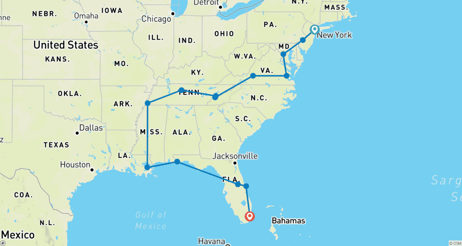 خريطة مسار New York to Miami