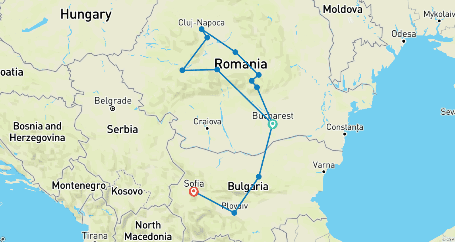 Mapa do percurso de Tesouros da Transilvânia (Hotéis 4 Estrelas)