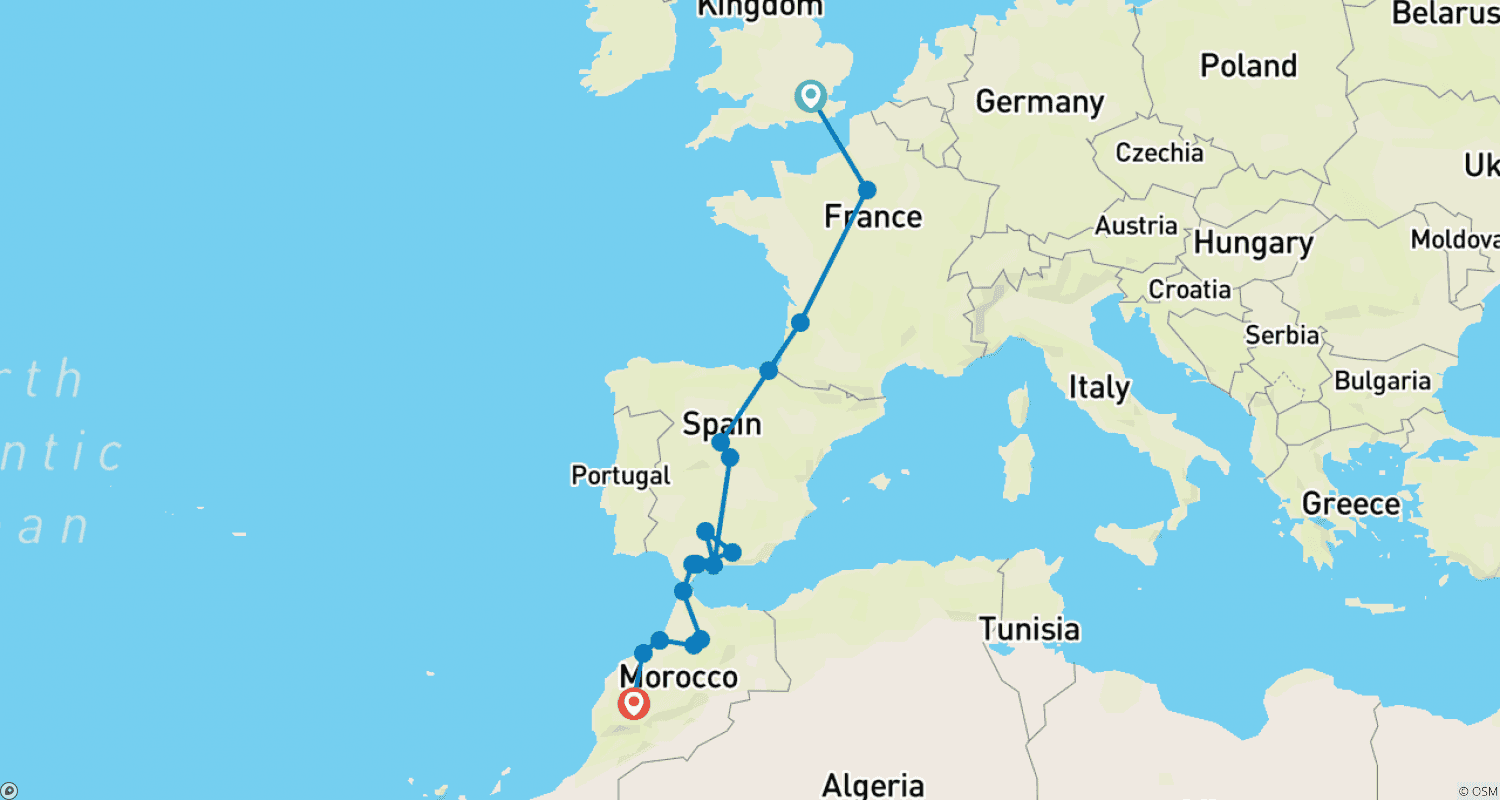 Mapa do percurso de Aventura de Trem de Londres a Marraquexe