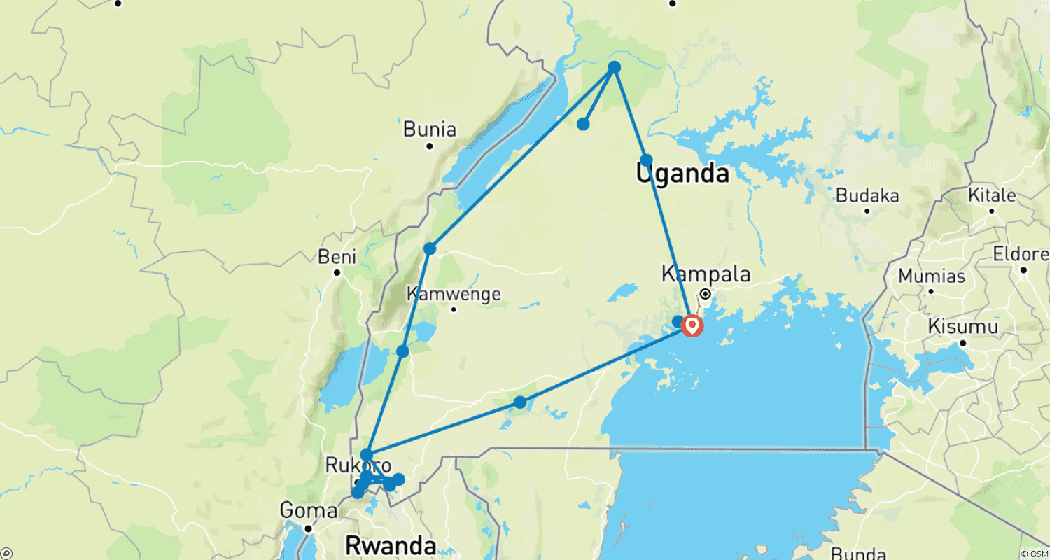Mapa do percurso de Safari pela Vida Selvagem do Uganda Ocidental