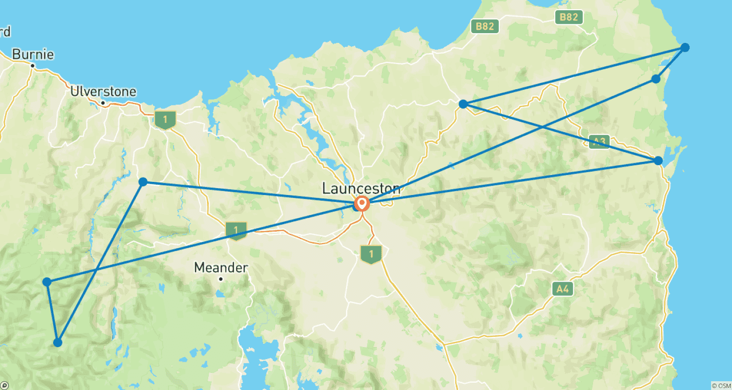 خريطة مسار باقة جولات لمدة 6 أيام في Launceston