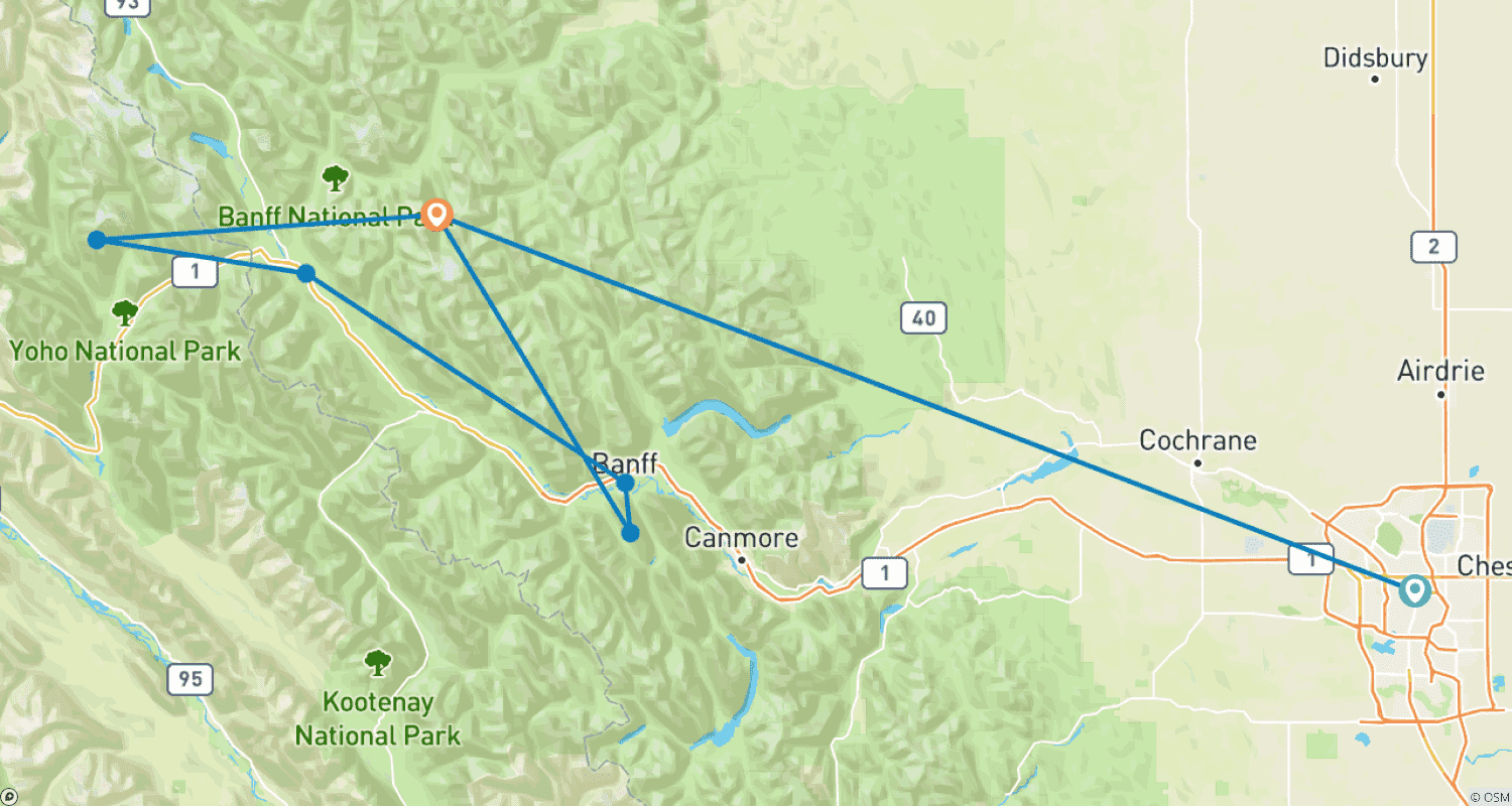 Mapa do percurso de Passeio de 4 Dias pelo País das Maravilhas de Inverno nas Montanhas Rochosas | Banff & Lake Louise & Lake Minnewanka ou Bubble Lake | Destaques