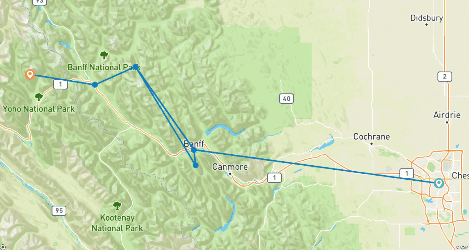 Mapa do percurso de Passeio Deluxe de Inverno de 4 Dias pelas Montanhas Rochosas | Banff, Lake Louise e Lake Minnewanka ou Bubble Lake
