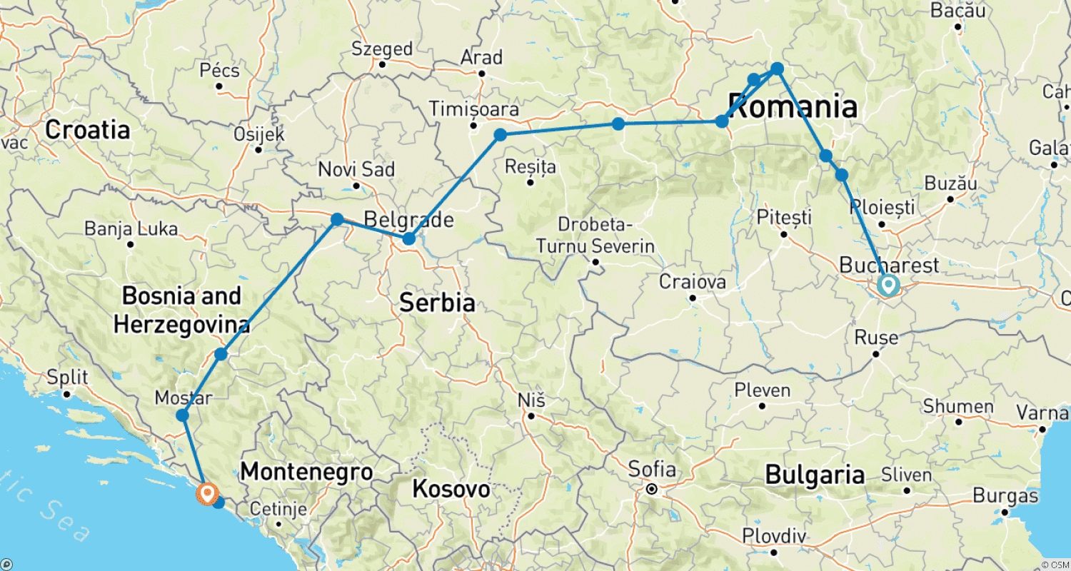 Discover Romania & the Balkans: A Journey Through History, Castles & Culture - 10 Daysのルートマップ