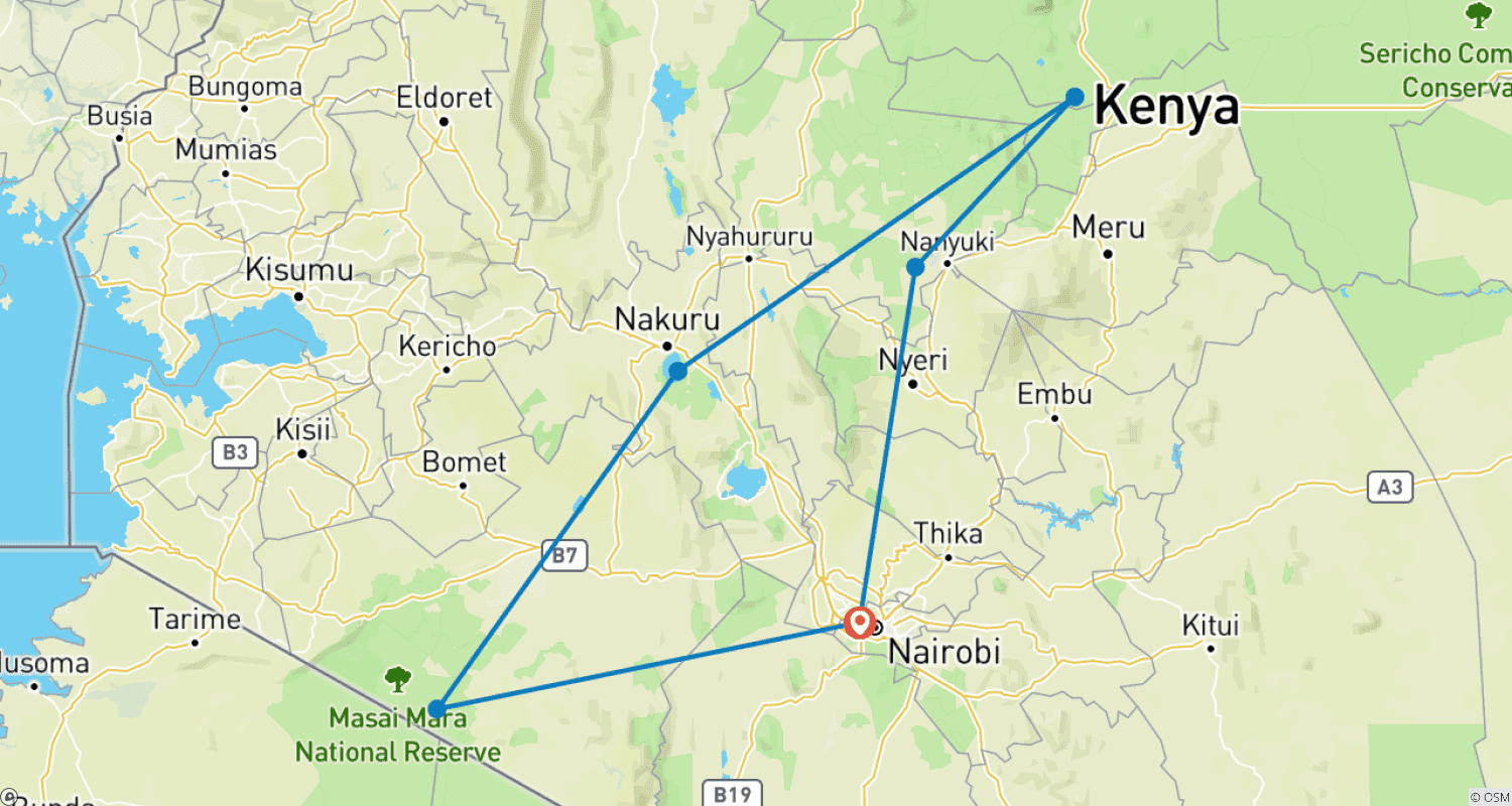 Mapa do percurso de 12 Dias Safári Fotográfico da Vida Selvagem no Quênia