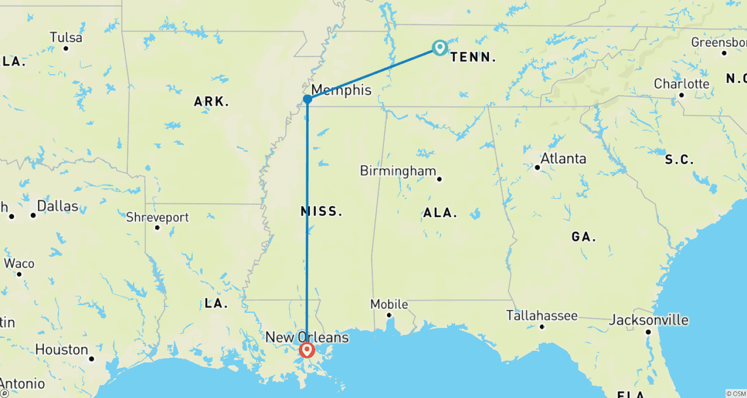 Mapa trasy: Szlak muzyczny Tennessee do Nowego Orleanu