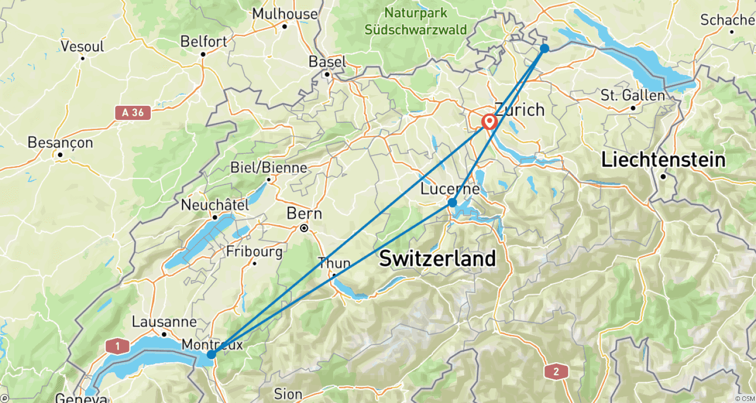 Mapa trasy: Szwajcarska Czekolada, Wodospad i Lodowce