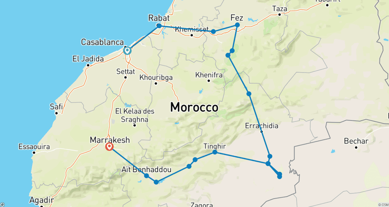 خريطة مسار جولة المغرب 6 أيام من الدار البيضاء إلى مراكش