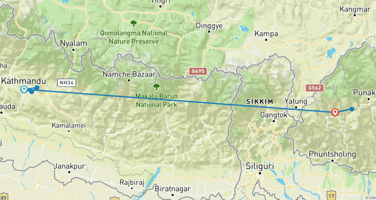 Mapa do percurso de Nepal & Bhutan Cultural Highlights Tour: Kathmandu, Nagarkot, Thimpu & Paro – 7 Days