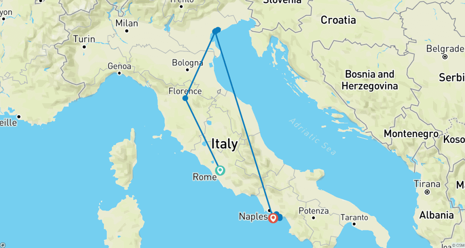 خريطة مسار Rome, Florence, Venice, Sorrento: signature (4* hotels) low carbon tour by train