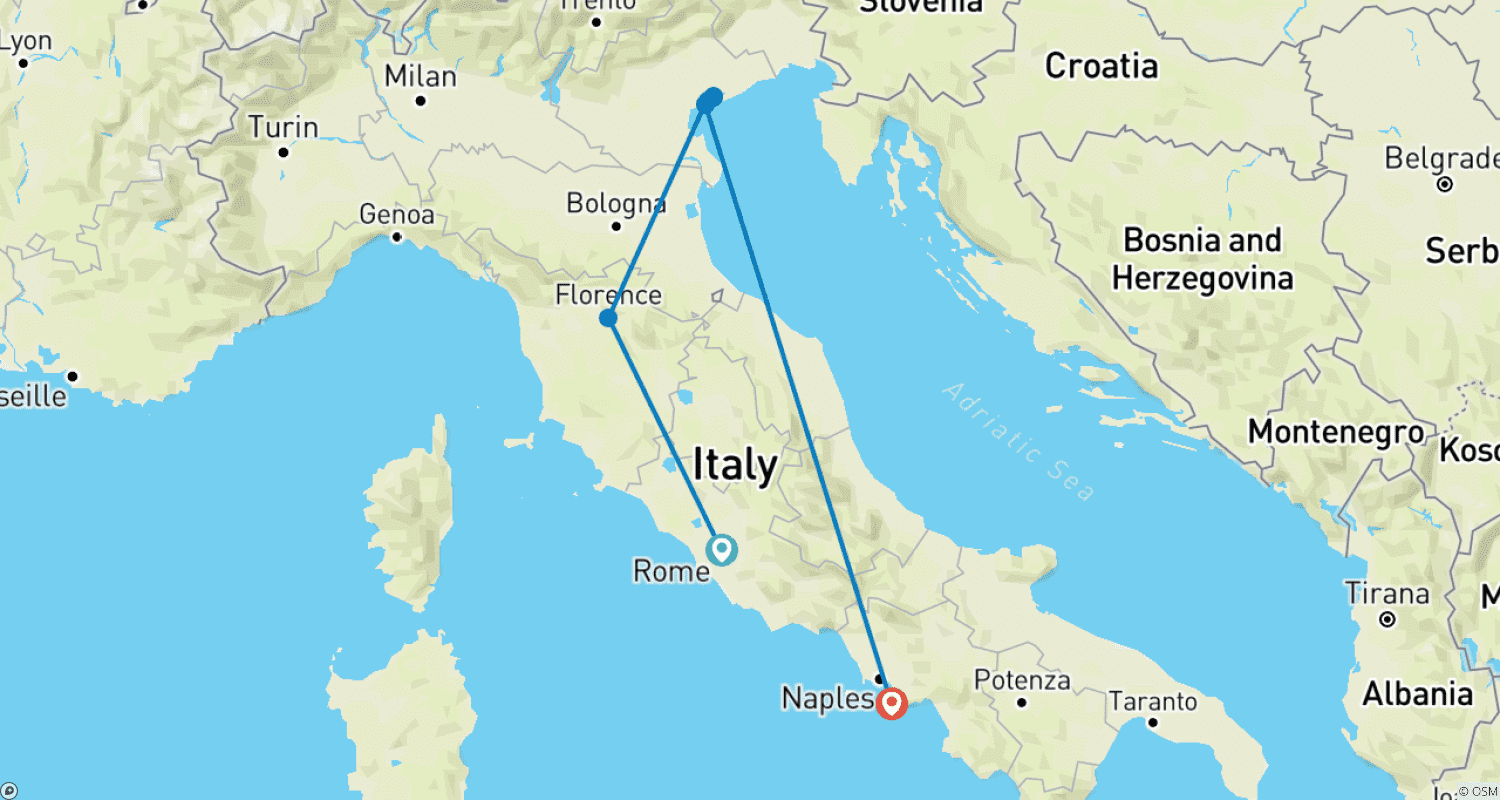 Mapa trasy: Rzym, Florencja, Wenecja, Sorrento: niezbędna (hotele 3*) niskoemisyjna wycieczka pociągiem