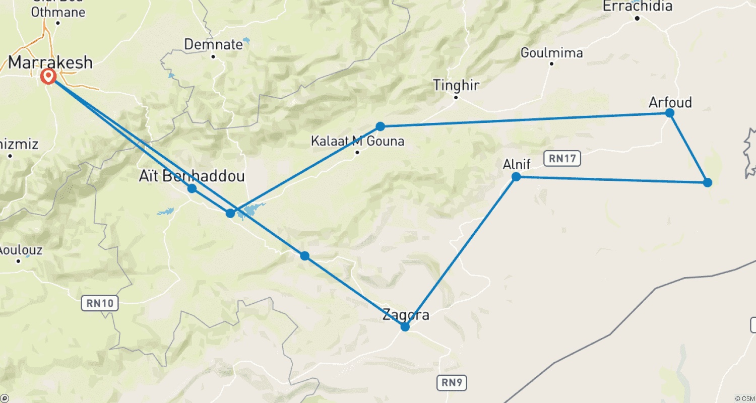 Mapa trasy: 4-DNIOWA WYCIECZKA PO MAROKAŃSKIEJ PUSTYNI: Z MARRAKESZU