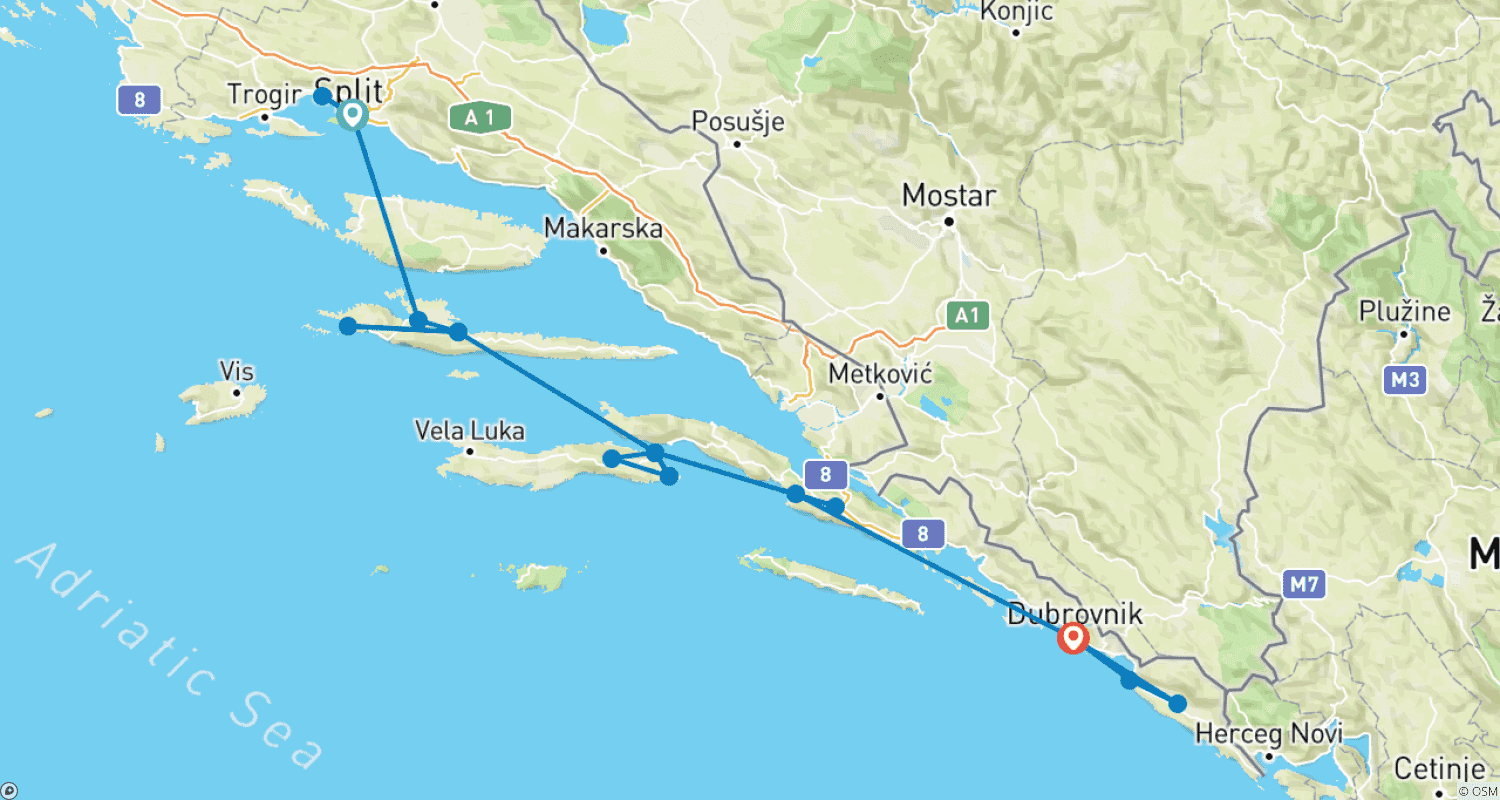 Mapa trasy: 7-dniowa wycieczka rowerowa po wybrzeżu Chorwacji