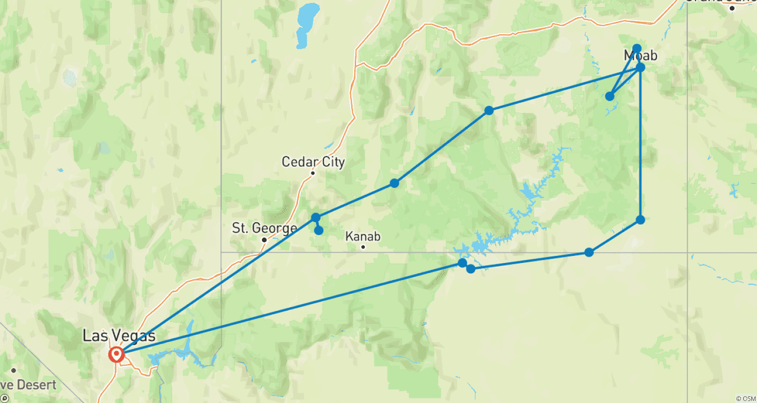 Mapa do percurso de Caminhada pelos Parques Nacionais de Utah