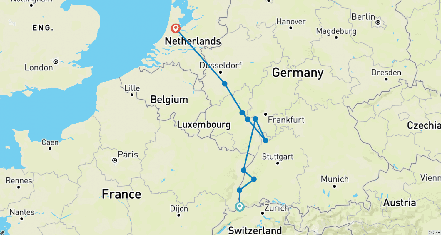 Mapa do percurso de Época Festiva no Reno Romântico (Sentido Norte) 2023