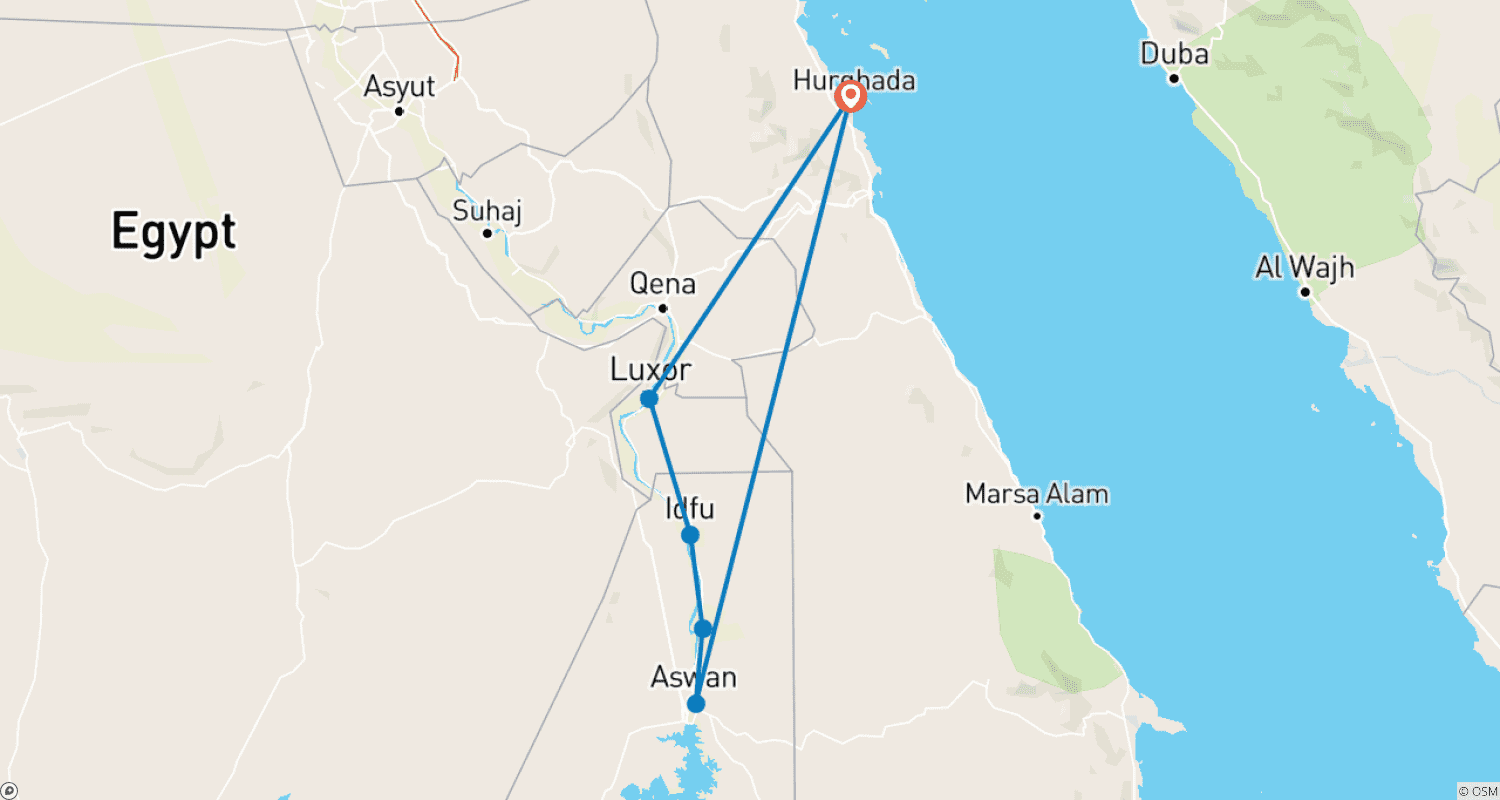 خريطة مسار من الغردقة: رحلات نيلية لمدة 5 أيام و4 ليالٍ من الغردقة إلى الأقصر وأسوان، تشمل جميع الجولات