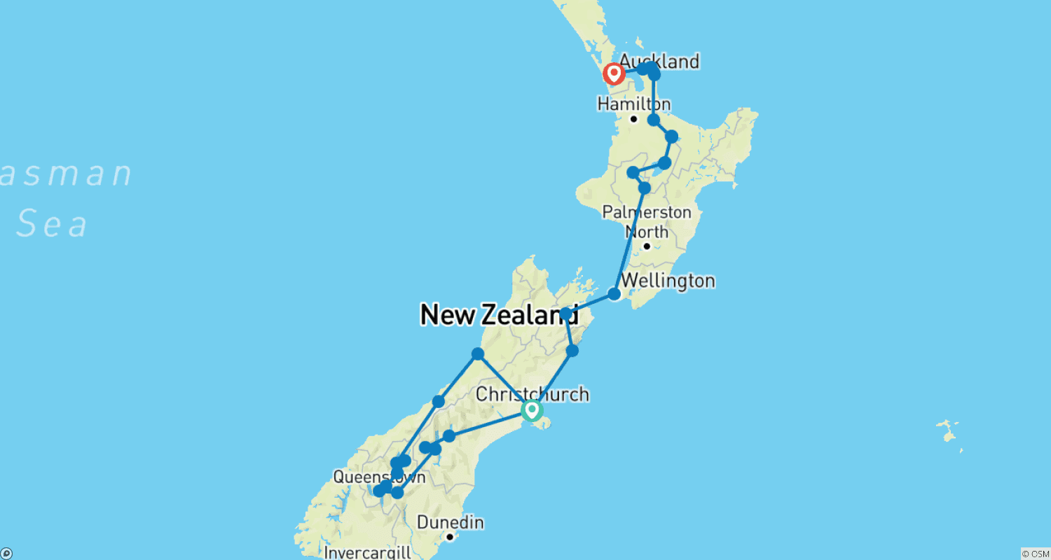 Mapa do percurso de New Zealand Uncovered (Northbound)