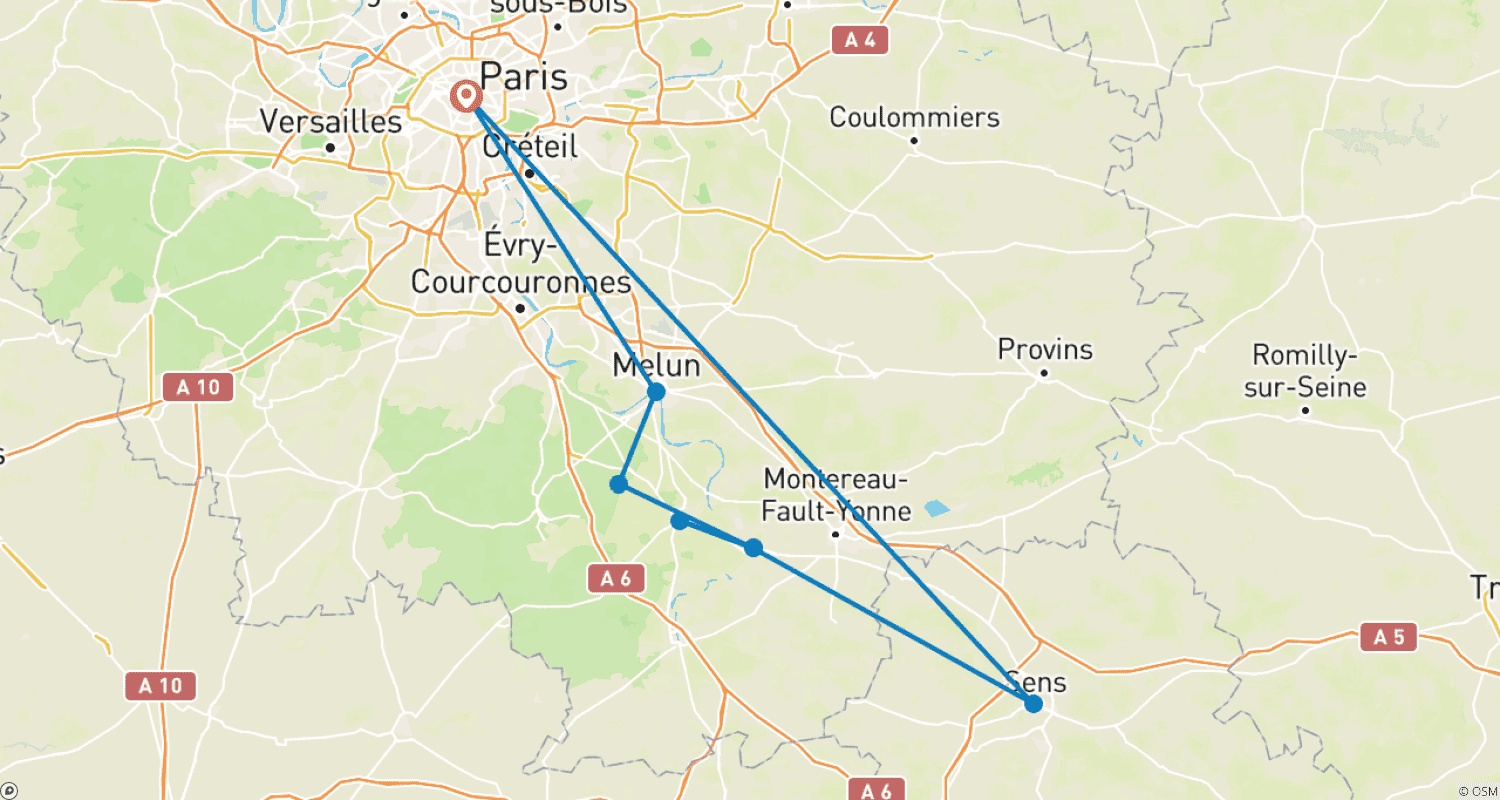 Mapa trasy: Odkryj na nowo przeszłość Francji, jej królewskie posiadłości i średniowieczne miasta podczas historycznego rejsu po Petite Seine (rejs z portu do portu)