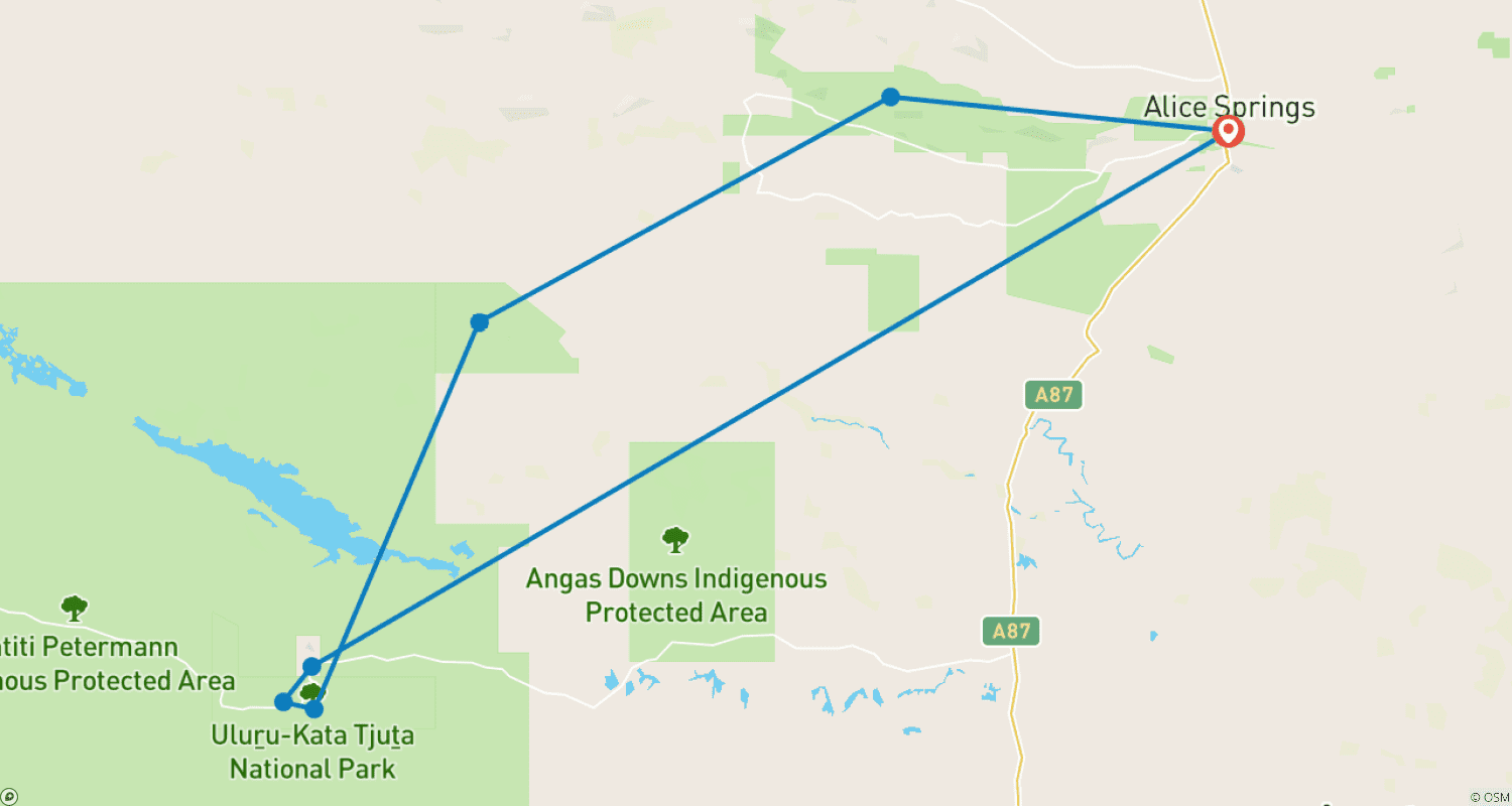 Mapa trasy: Wycieczka Uluru z Kata Tjuta, Kings Canyon i Górami MacDonnell (z Alice Springs)