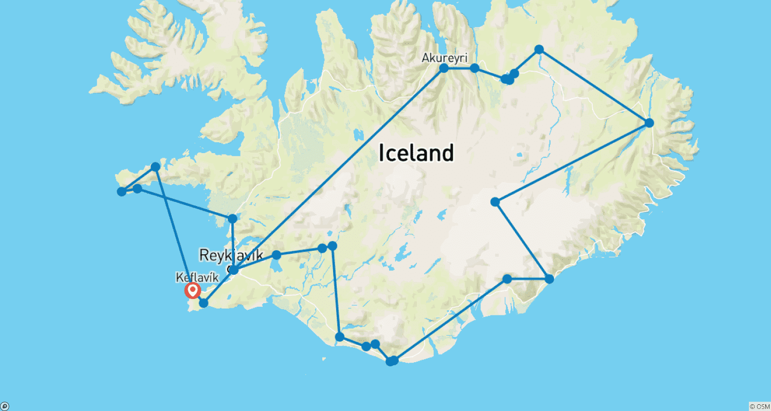 Mapa do percurso de 9 Dias e 8 Noites na ISLÂNDIA | Pela Islândia e Península de Snæfellsnes e Transfer de ida e volta para o aeroporto (Excursão em Grupo)
