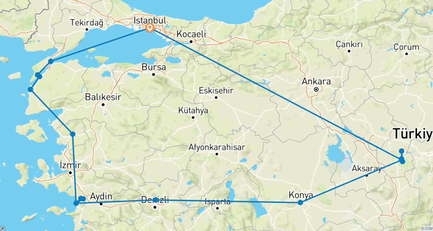 Mapa do percurso de Tour Clássico de 7 Dias: Gallipoli e os Clássicos da Turquia
