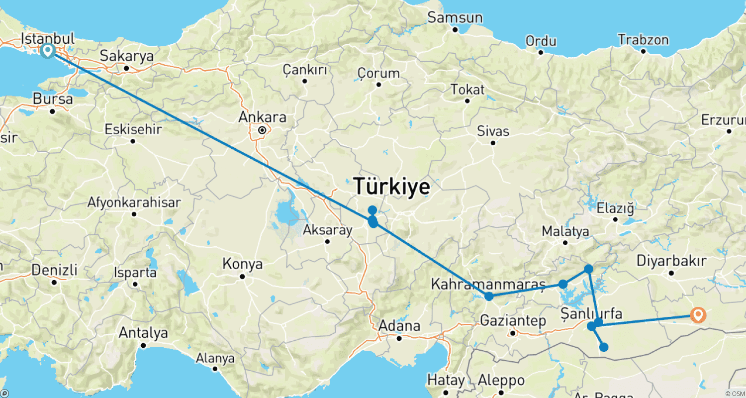 Mapa do percurso de Excursão de 6 Dias pela Capadócia, Monte Nemrut, Göbeklitepe e Mardin, partindo de Istambul